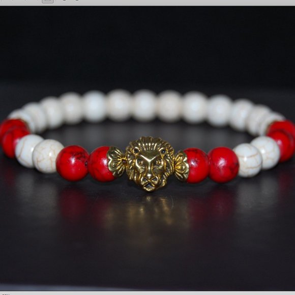 Lion Bracelet,Red and White Bracelet,Howlite 8mm Stone Beads,Red and White Lion - Picture 1 of 3